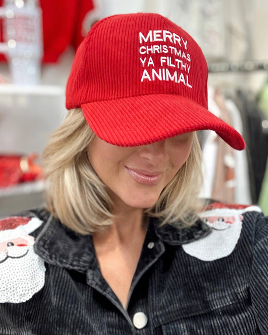 Red Corduroy "Merry Christmas Ya Filthy Animal" Cap