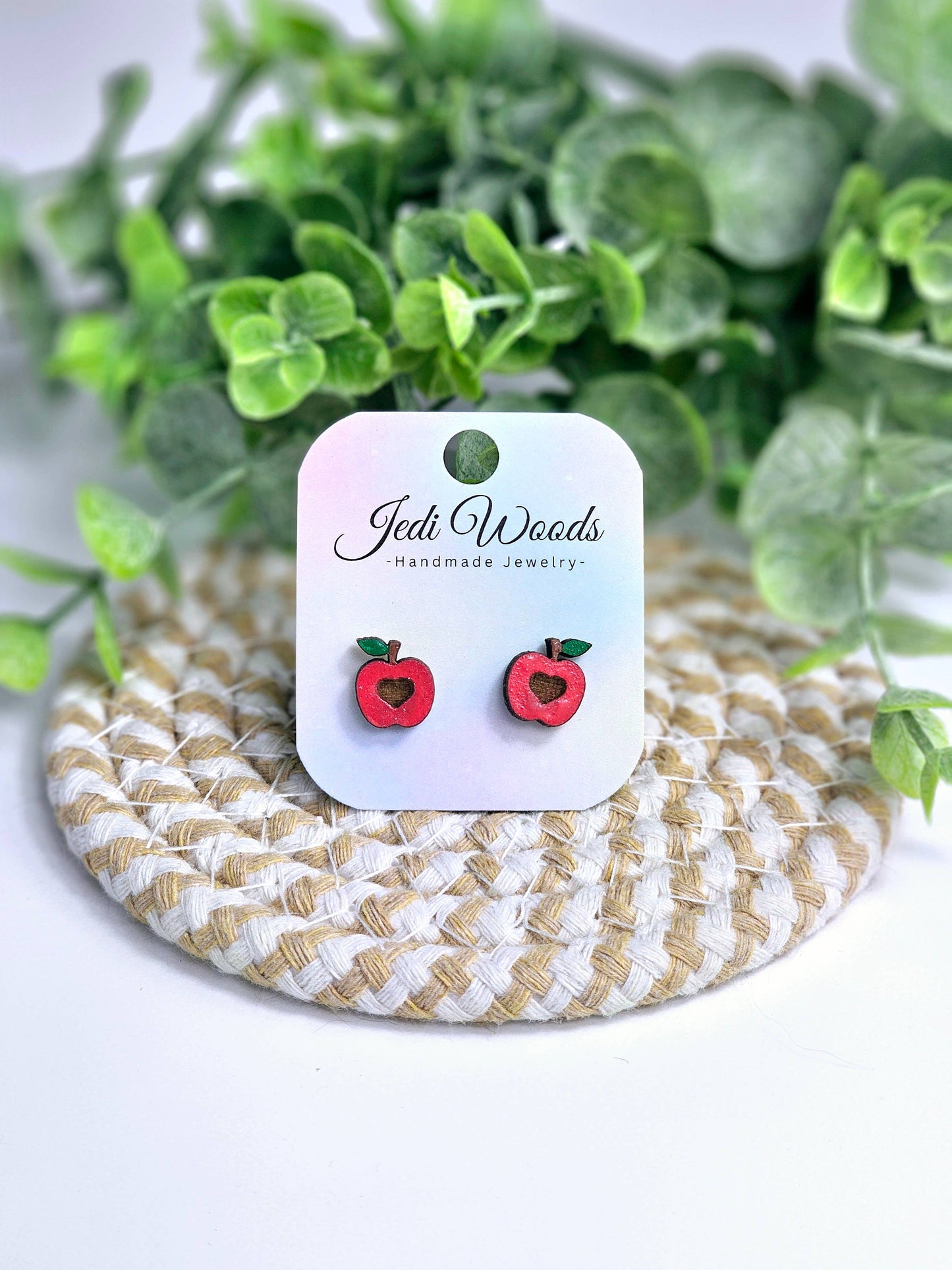 Wooden Apple Earrings, Handpainted, Stainless Steel Hardware