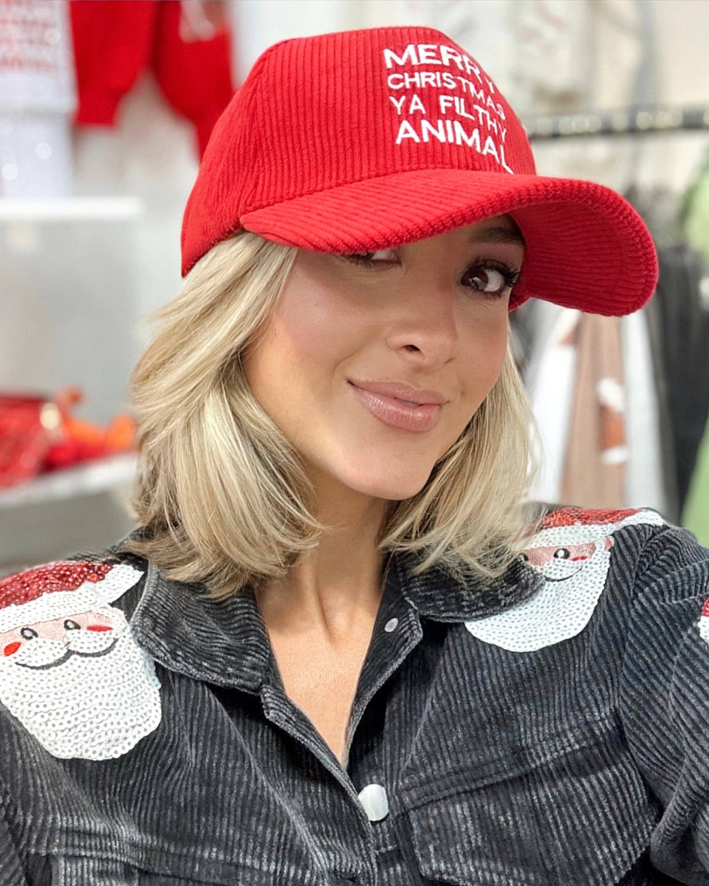 Red Corduroy "Merry Christmas Ya Filthy Animal" Cap