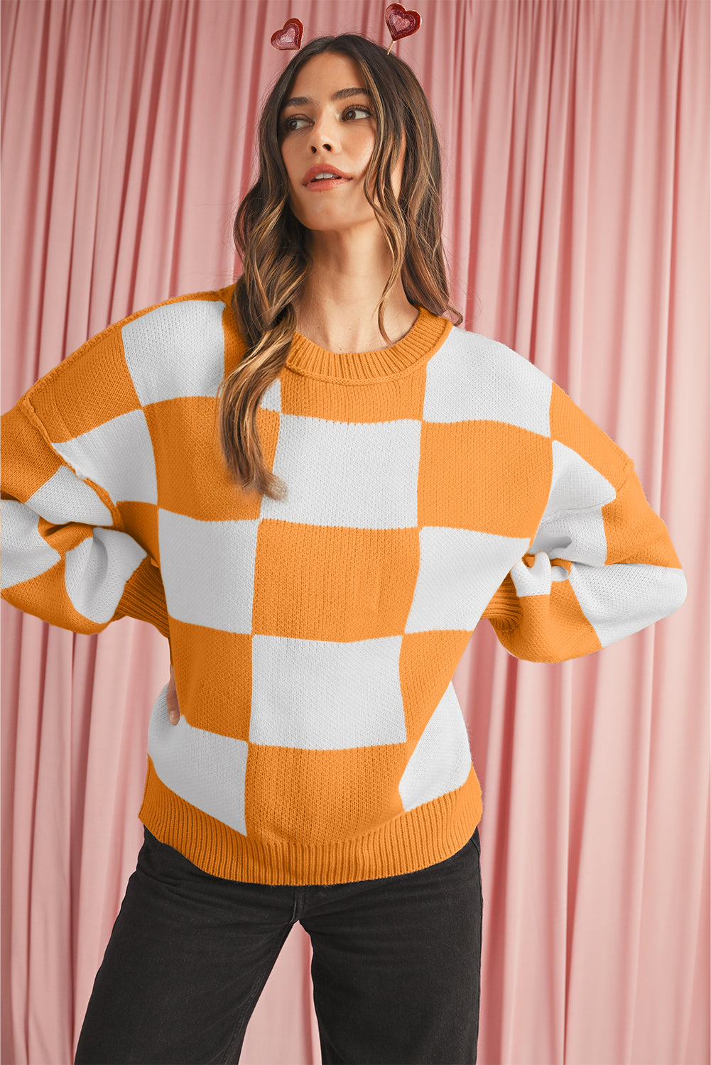 Green Checkered Bishop Sleeve Pullover Sweater