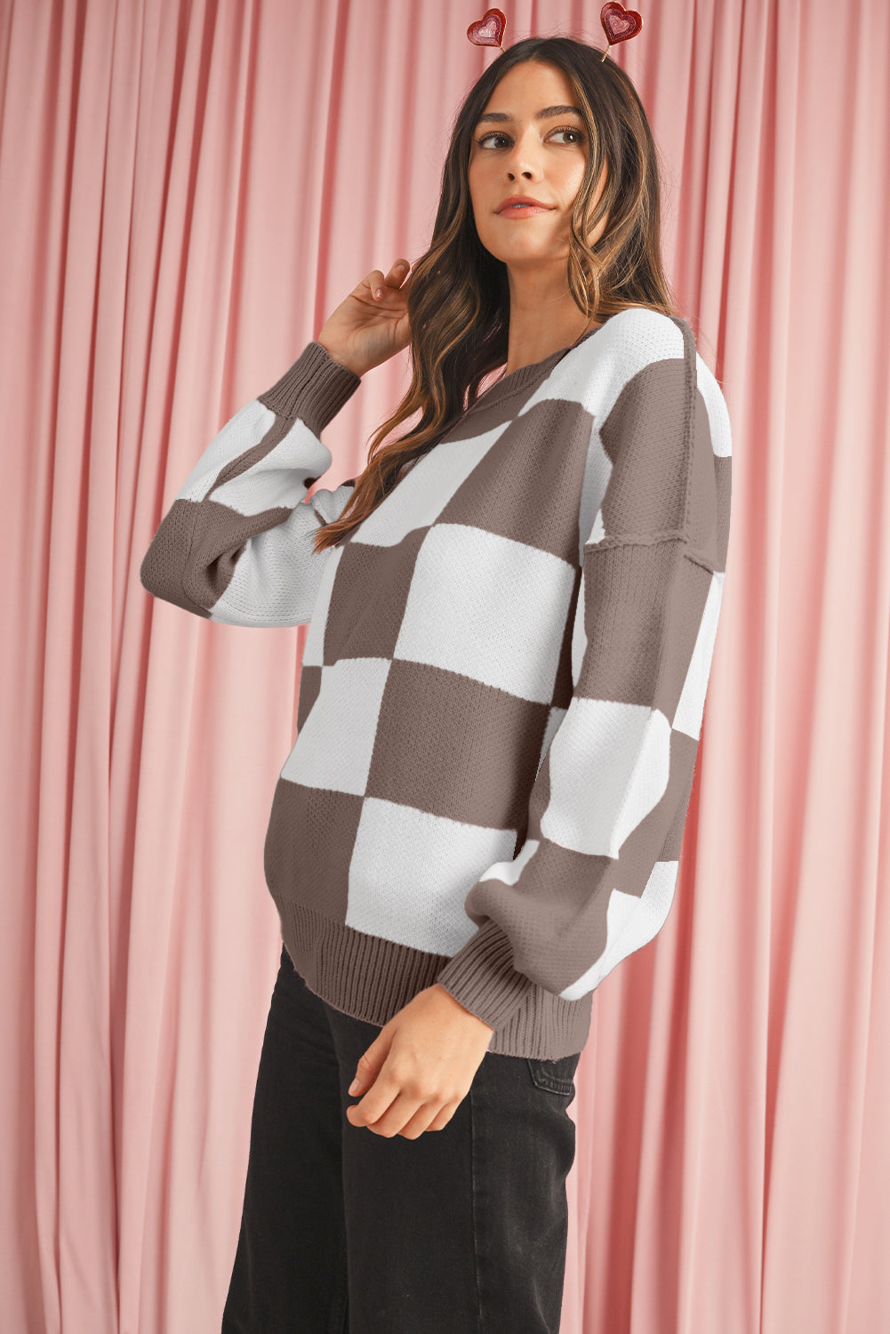 Green Checkered Bishop Sleeve Pullover Sweater