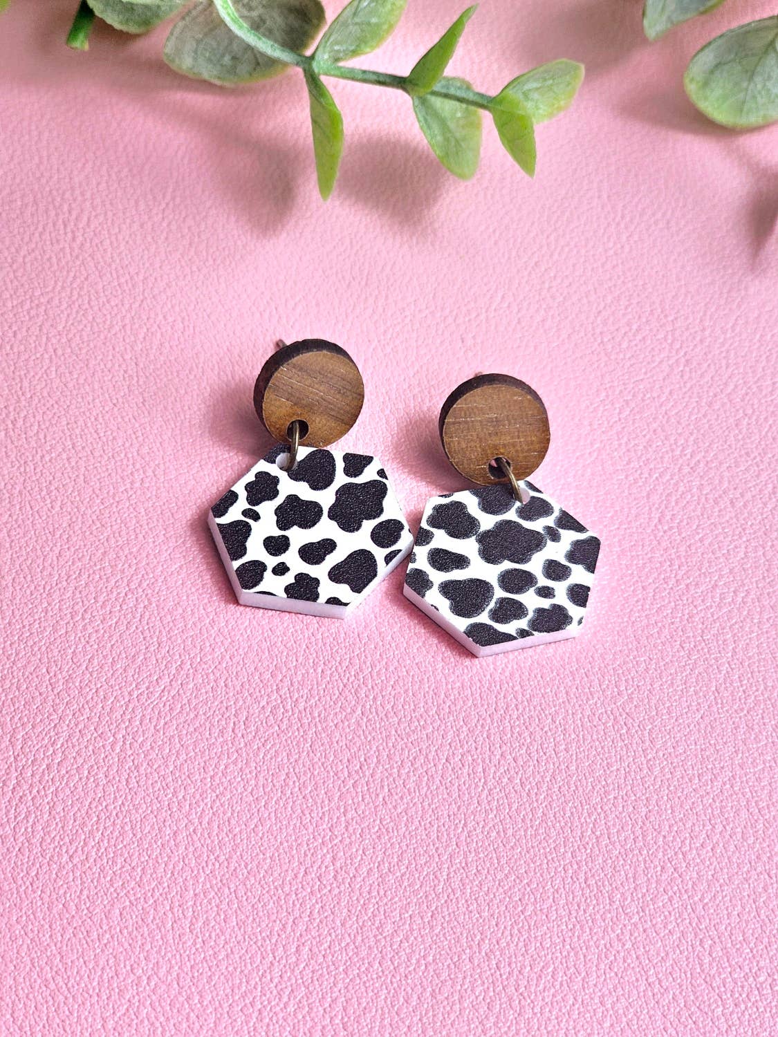 Cow Print Earrings with Wooden Stud Topper