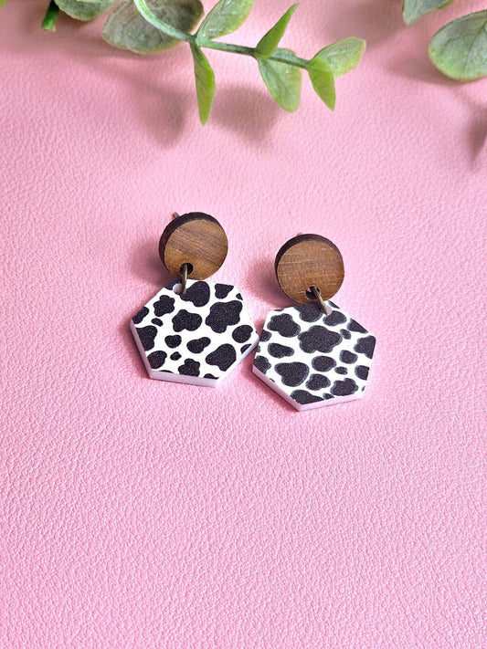 Cow Print Earrings with Wooden Stud Topper