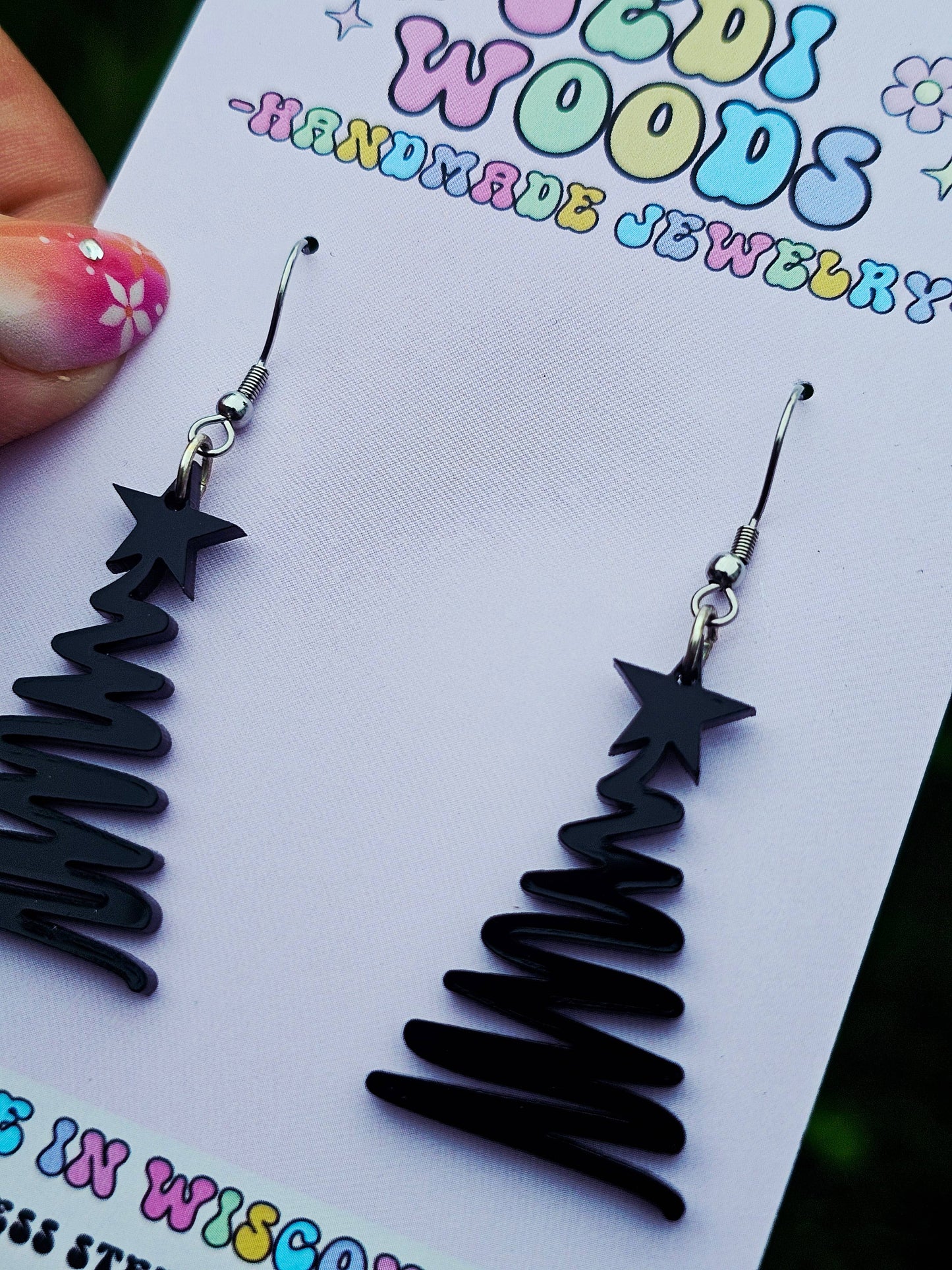 Gothic Black Squiggly Christmas Tree Earrings