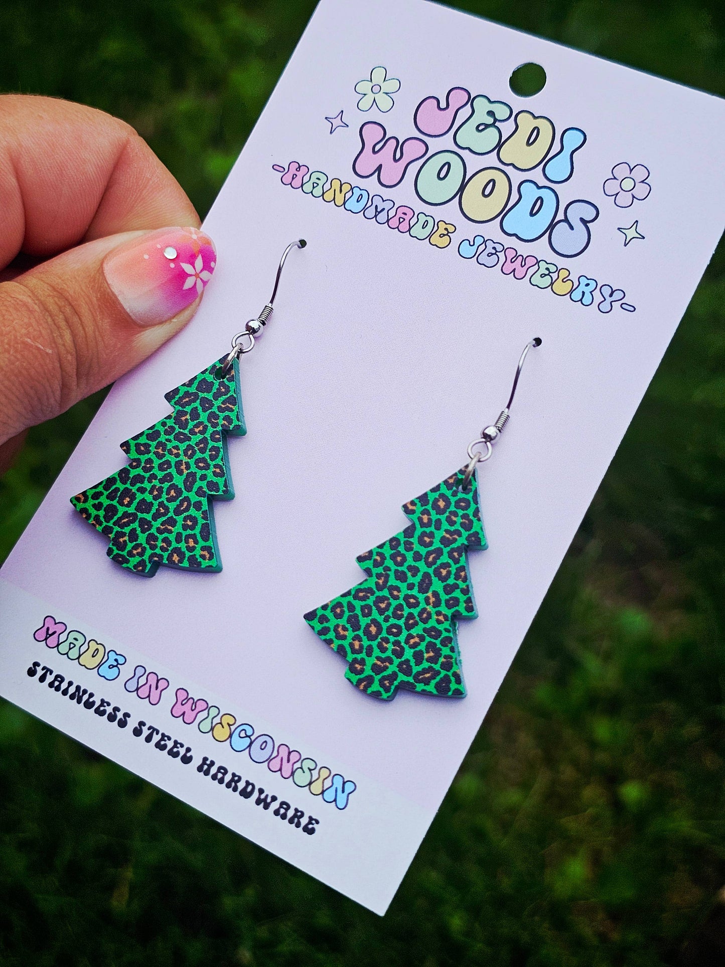 Green Leopard Christmas Tree Earrings