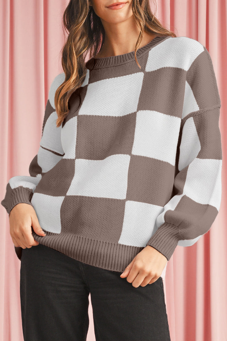 Green Checkered Bishop Sleeve Pullover Sweater