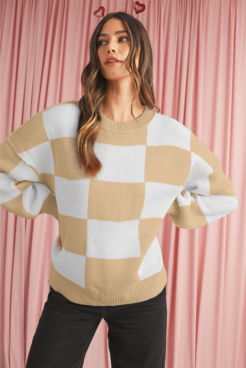 Green Checkered Bishop Sleeve Pullover Sweater