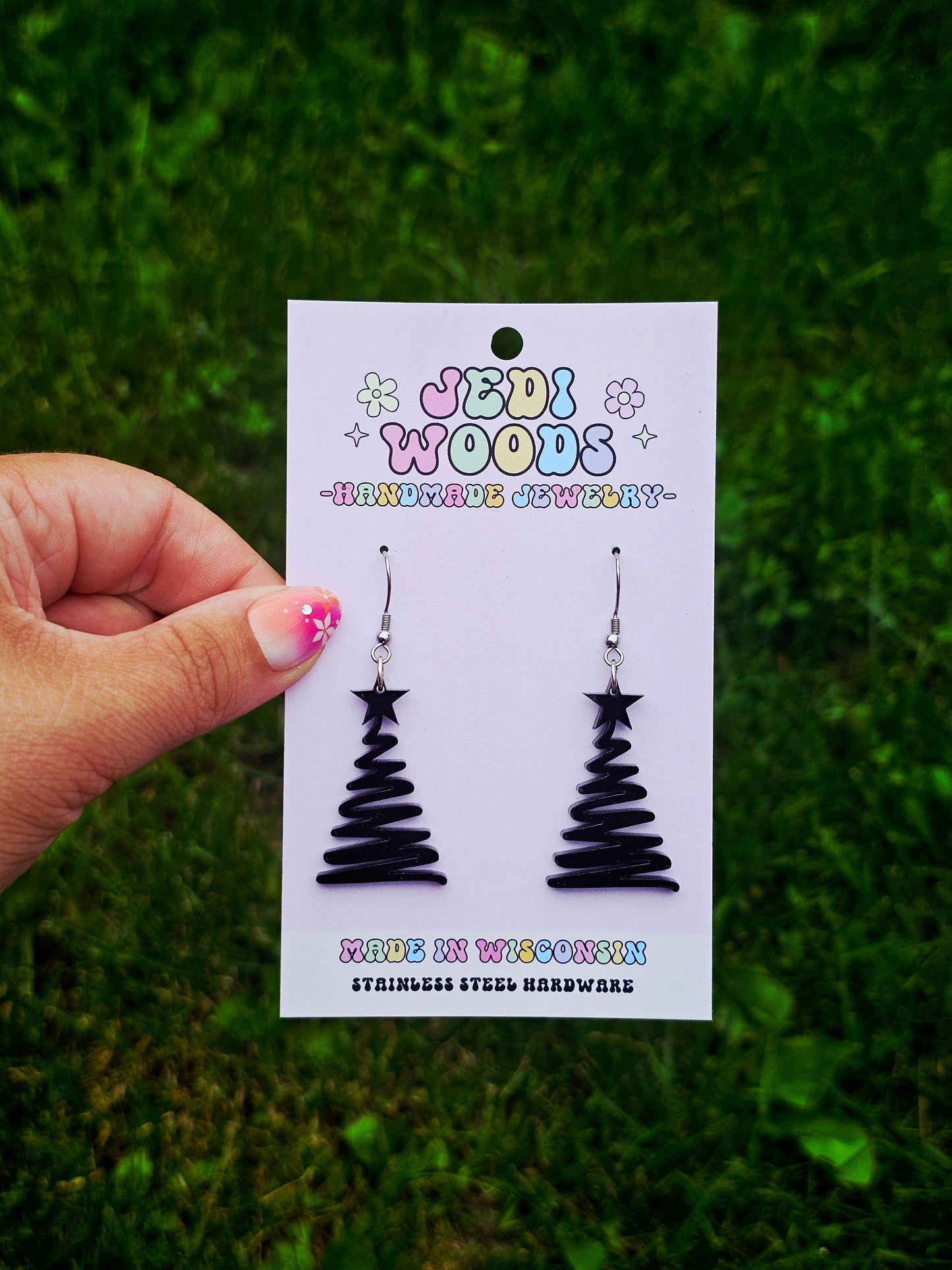Gothic Black Squiggly Christmas Tree Earrings