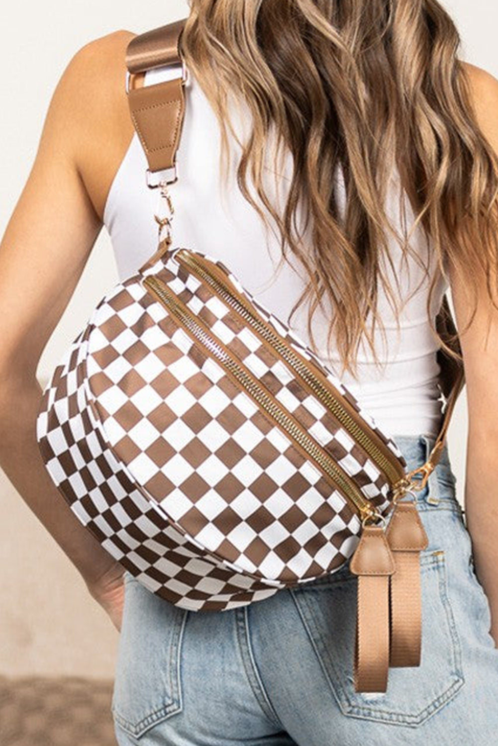 Phalaenopsis Checkered Print Wide Strap Large Crossbody Bag