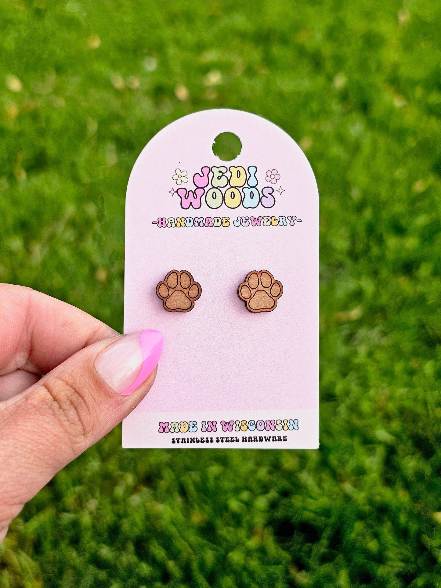 Wooden Paw Print Stud Earrings