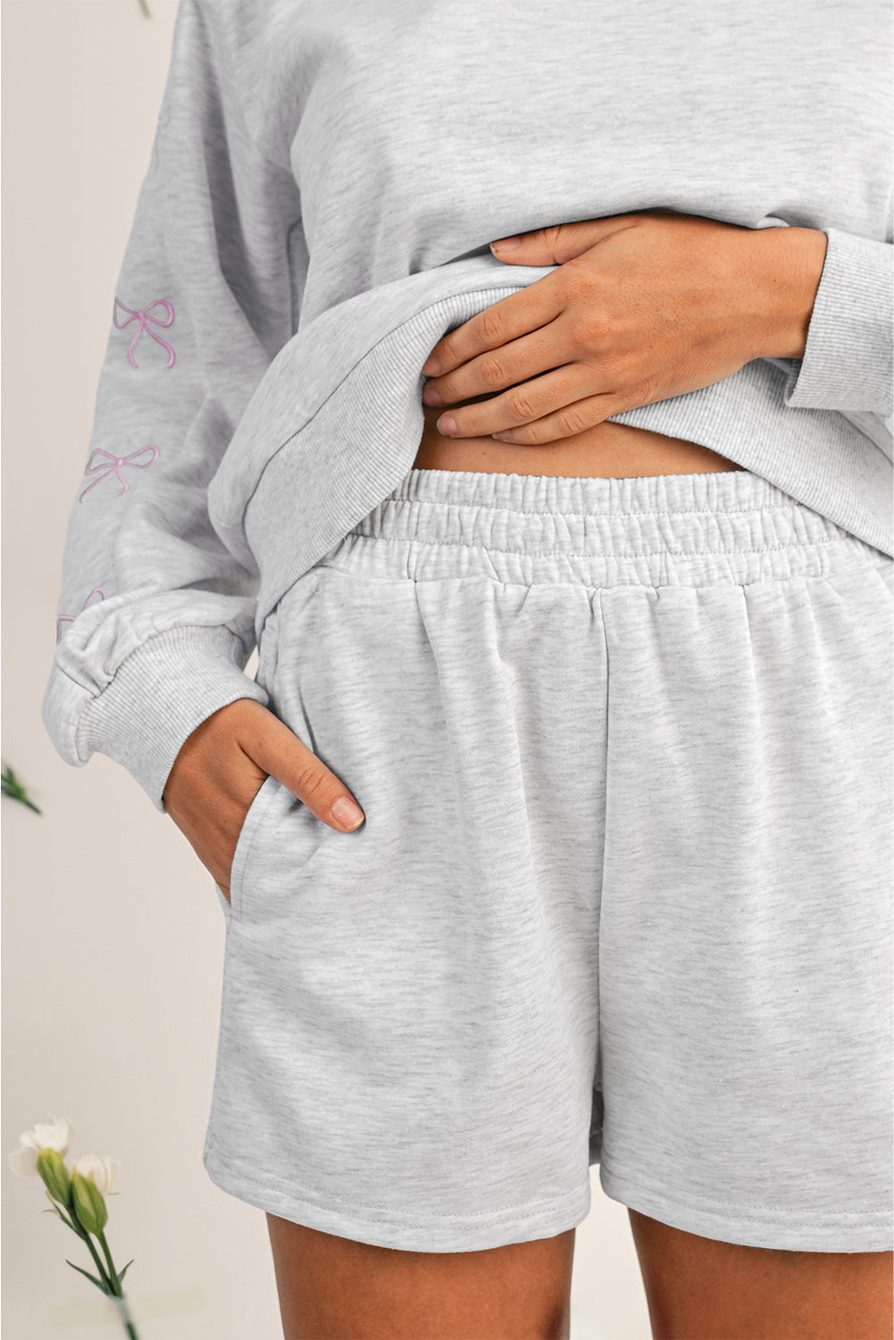 Sachet Pink Bow Embroidery Long Sleeve Pullover and High Waist Shorts Set