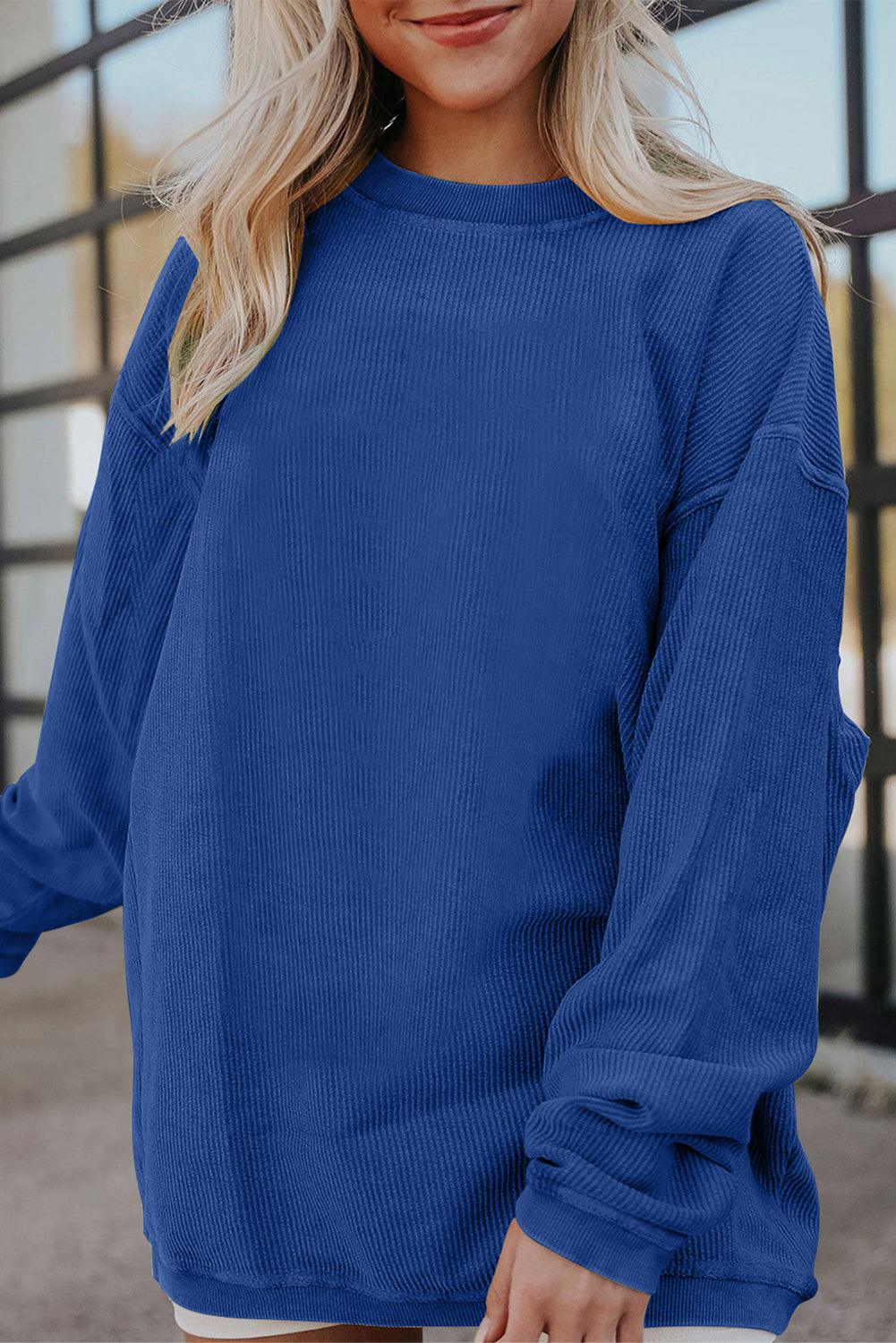 Grass Green Rib Knit Drop Shoulder Oversized Sweatshirt