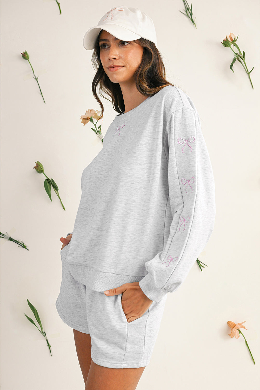 Sachet Pink Bow Embroidery Long Sleeve Pullover and High Waist Shorts Set