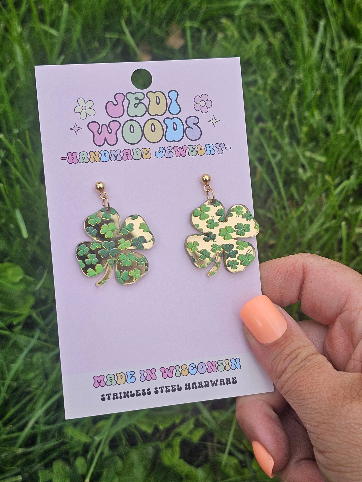 Gold Mirror Clover Earrings for St. Patricks Day