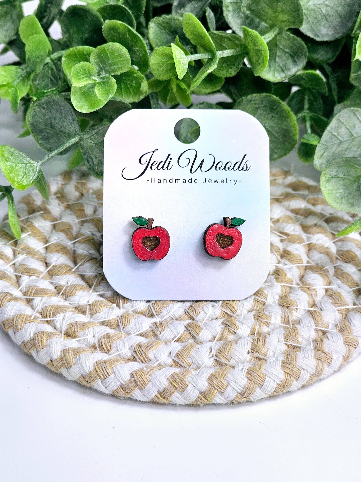 Wooden Apple Earrings, Handpainted, Stainless Steel Hardware