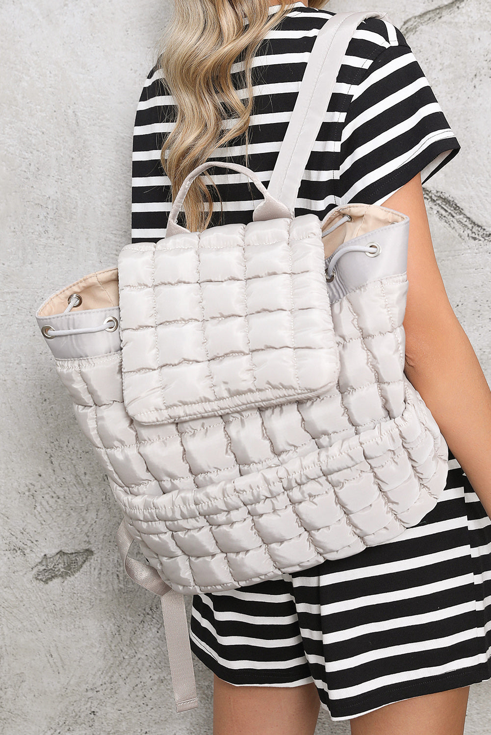 Pink Solid Flapped Quilted Puffer Backpack