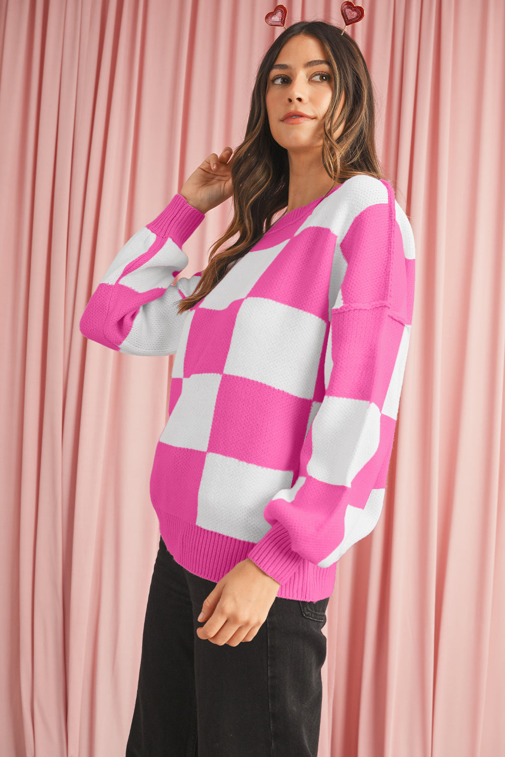 Green Checkered Bishop Sleeve Pullover Sweater