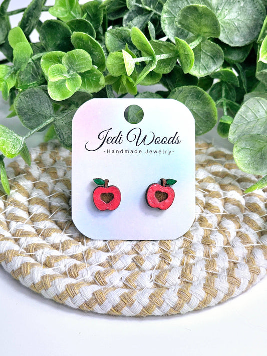 Wooden Apple Earrings, Handpainted, Stainless Steel Hardware
