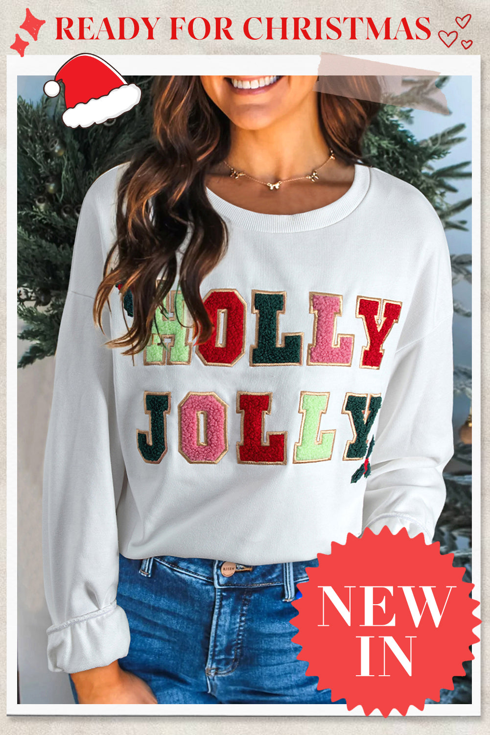 White Cream Collage Letter Christmas Pullover Sweatshirt