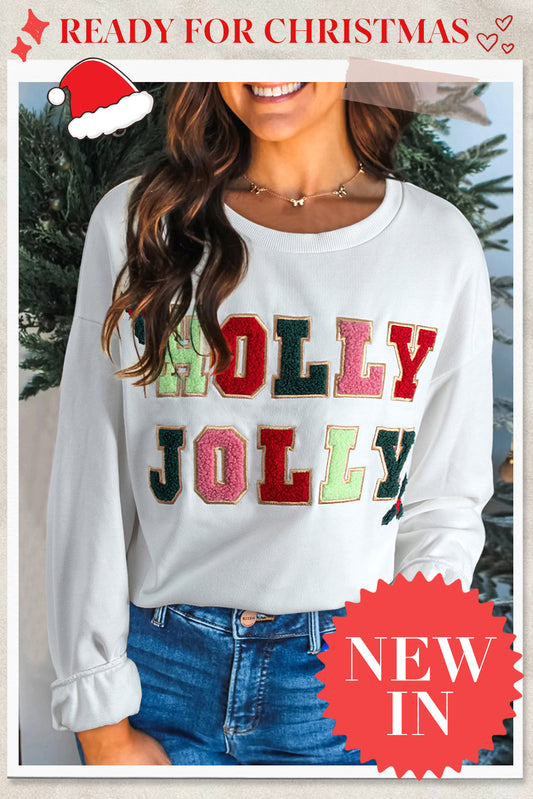 White Cream Collage Letter Christmas Pullover Sweatshirt