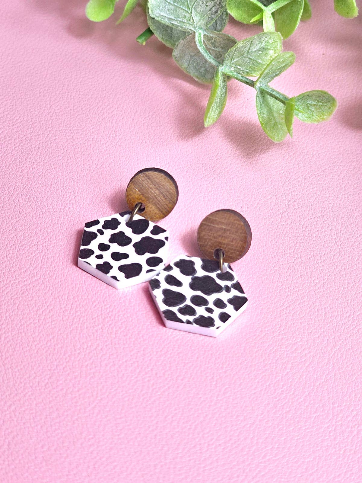Cow Print Earrings with Wooden Stud Topper