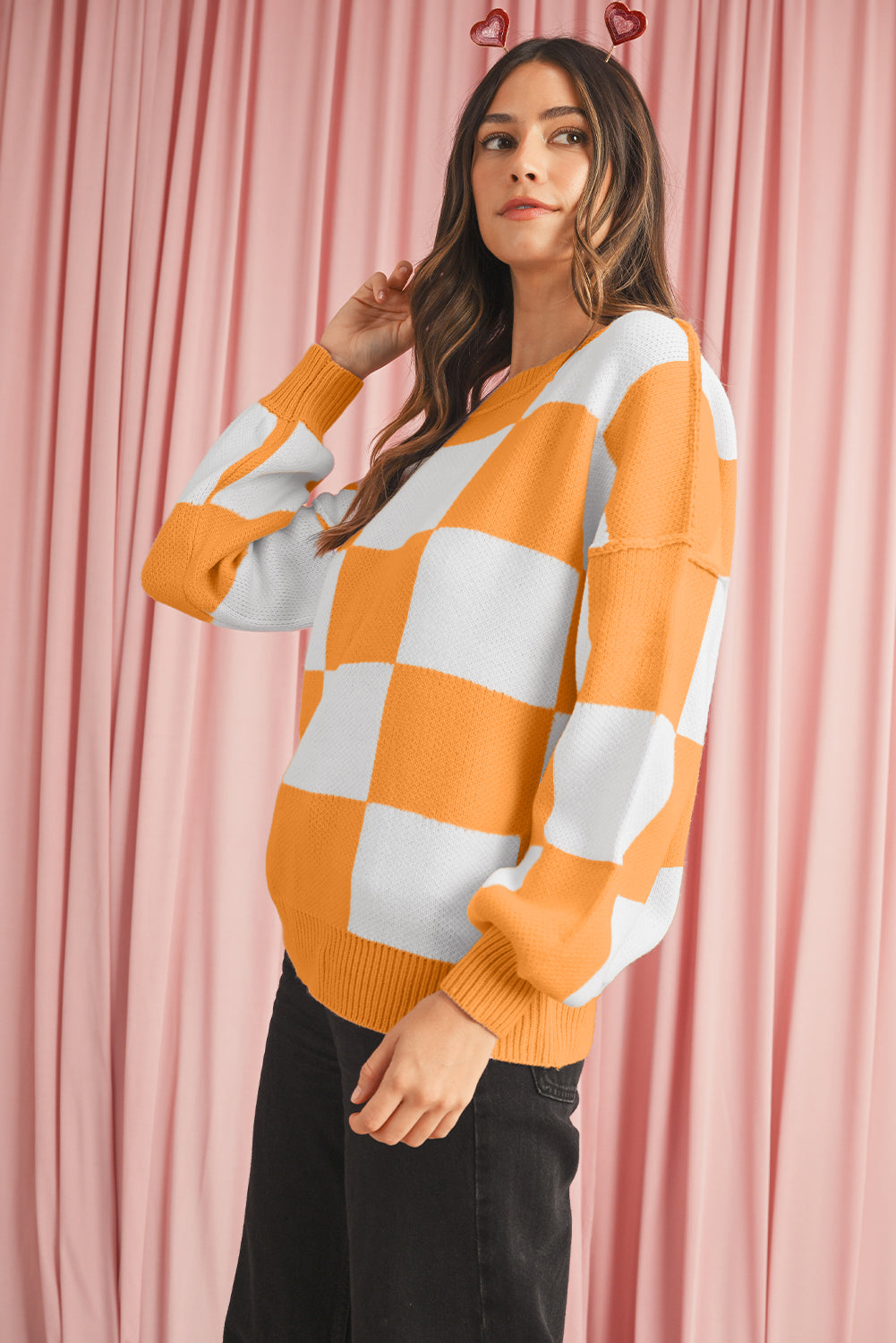 Green Checkered Bishop Sleeve Pullover Sweater