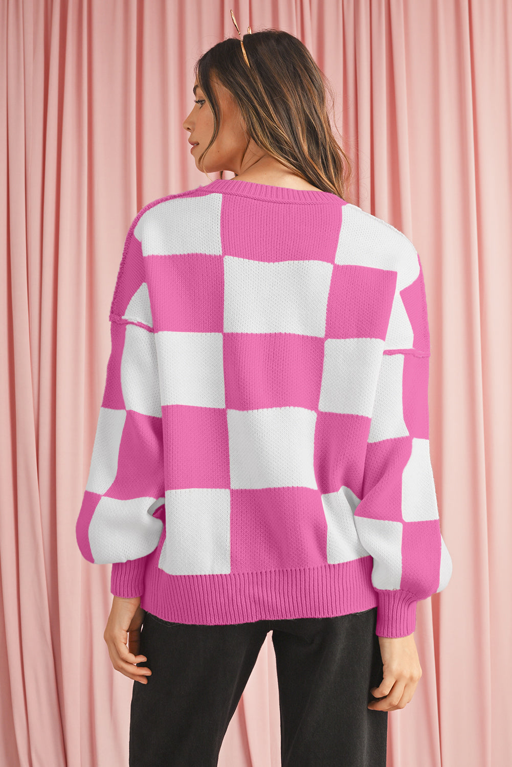 Green Checkered Bishop Sleeve Pullover Sweater