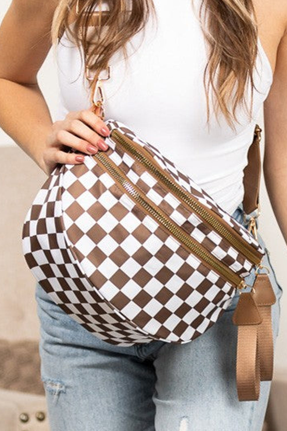 Phalaenopsis Checkered Print Wide Strap Large Crossbody Bag