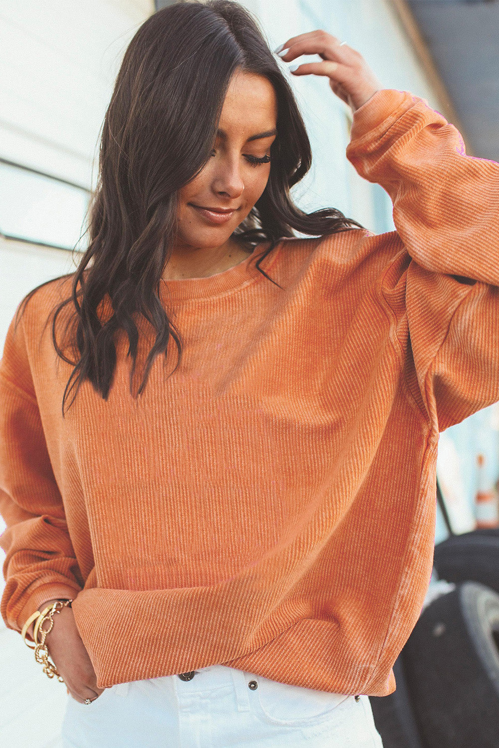 Grass Green Rib Knit Drop Shoulder Oversized Sweatshirt
