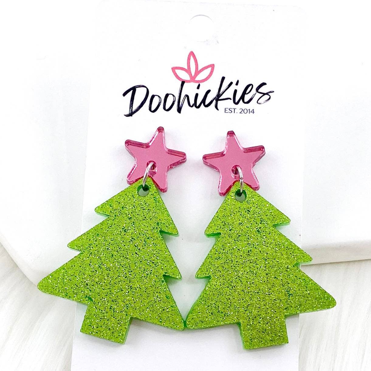 2" Pink Star & Glittery Green Tree Dangles -Christmas