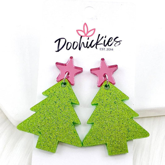 2" Pink Star & Glittery Green Tree Dangles -Christmas