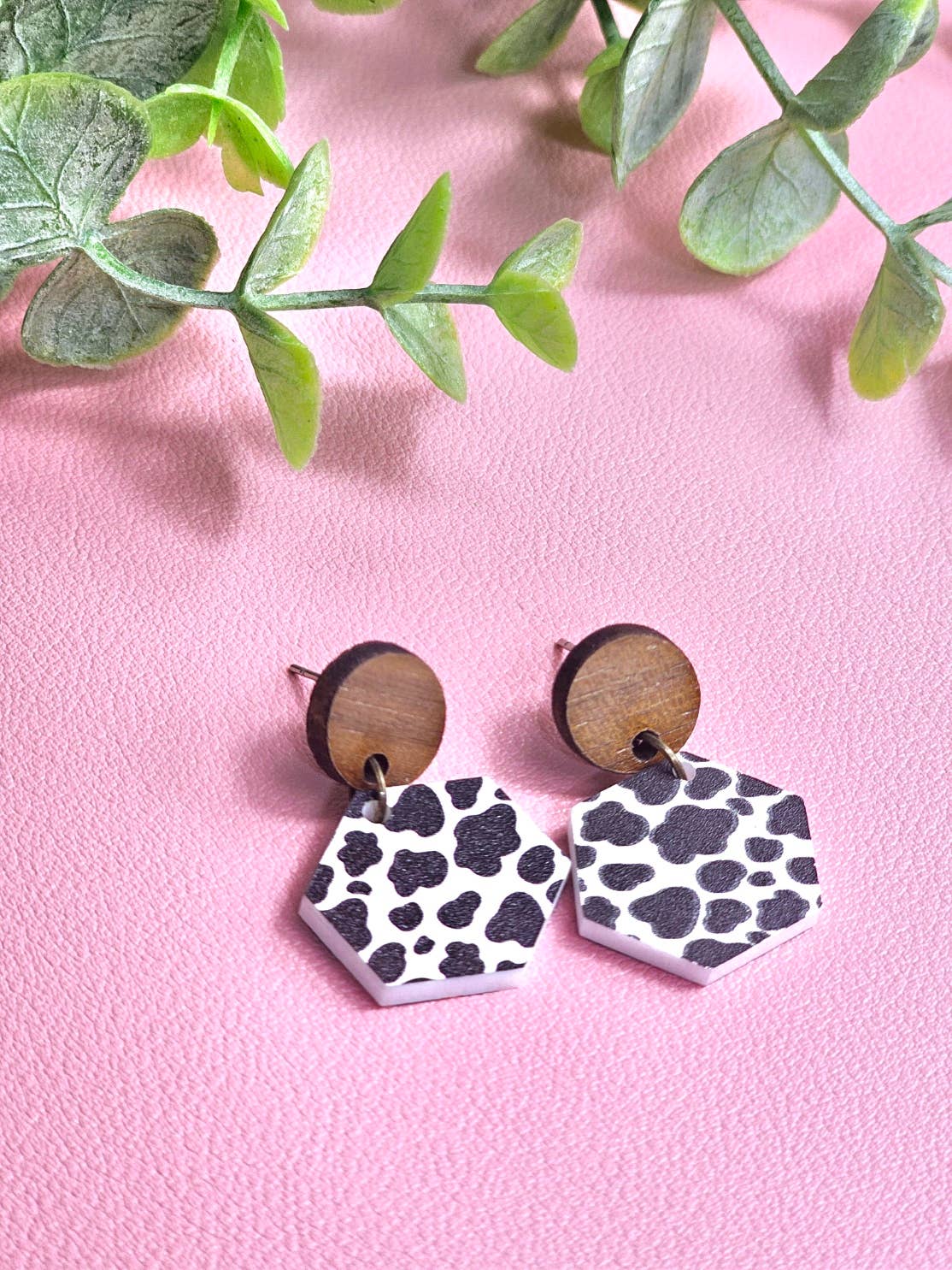 Cow Print Earrings with Wooden Stud Topper