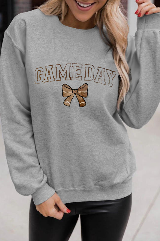 Gray GAME DAY Football Bow Embroidered Casual Sweatshirt