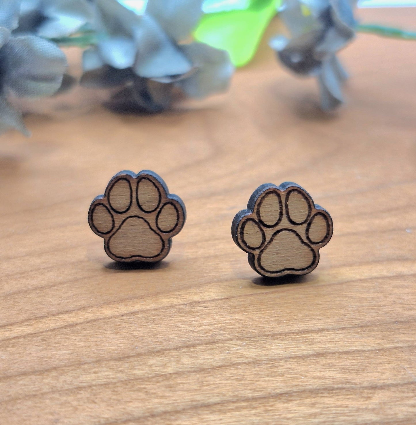 Wooden Paw Print Stud Earrings