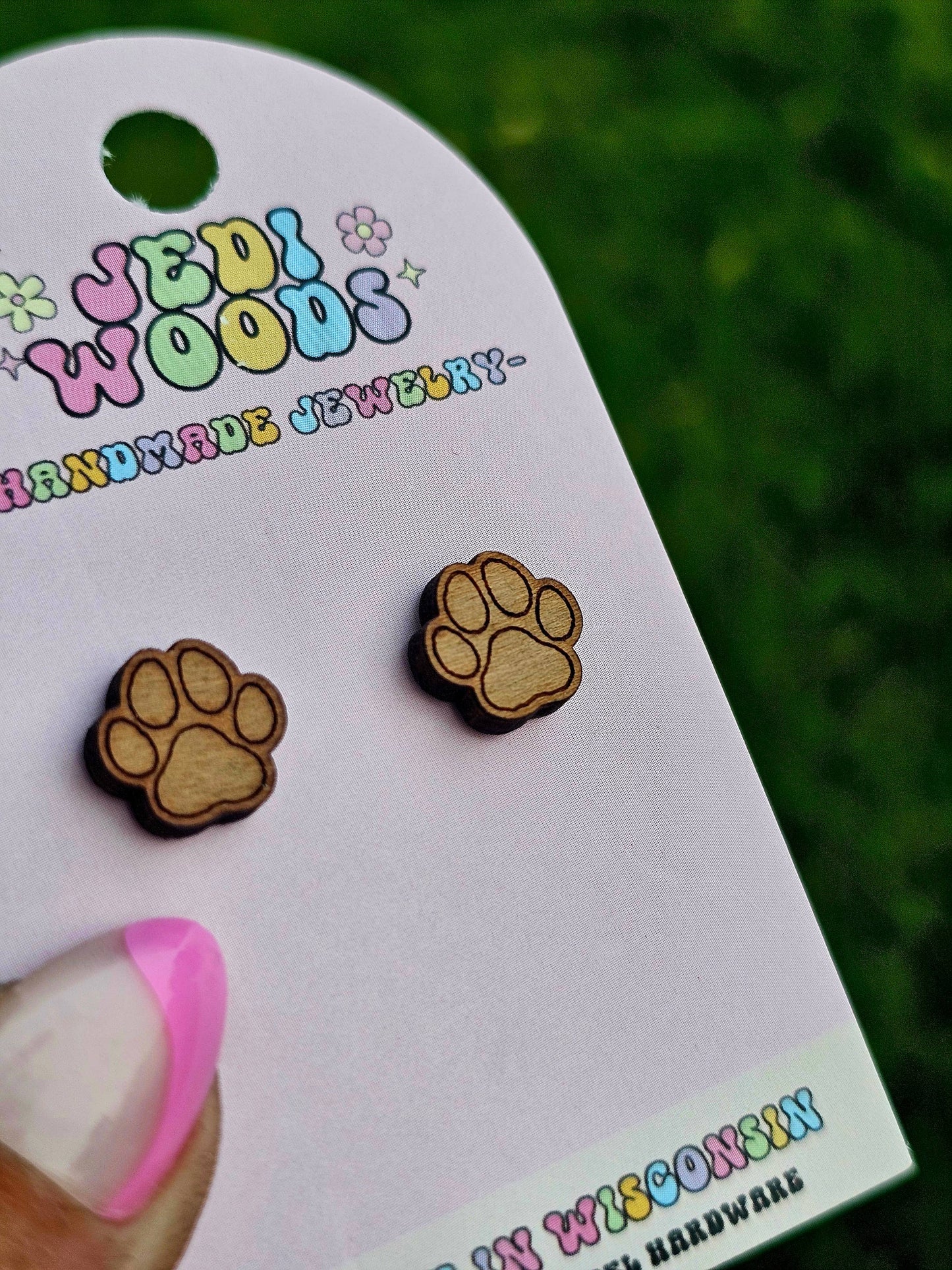 Wooden Paw Print Stud Earrings