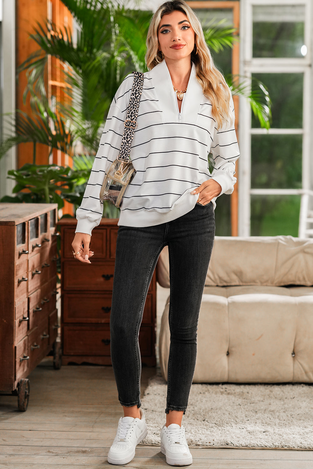 Fiery Red Striped Zipper V-Neck Drop Sleeve Top