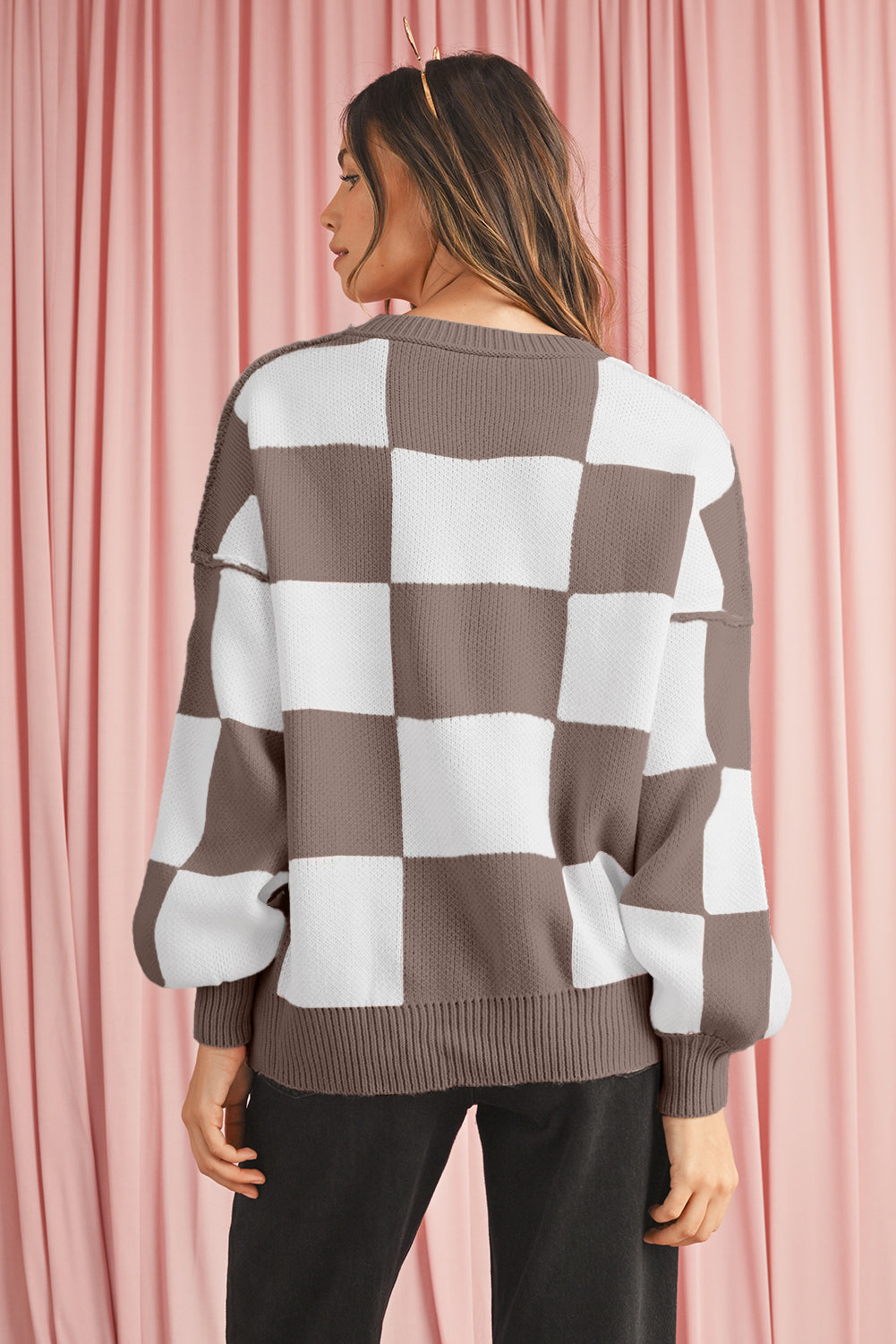 Green Checkered Bishop Sleeve Pullover Sweater