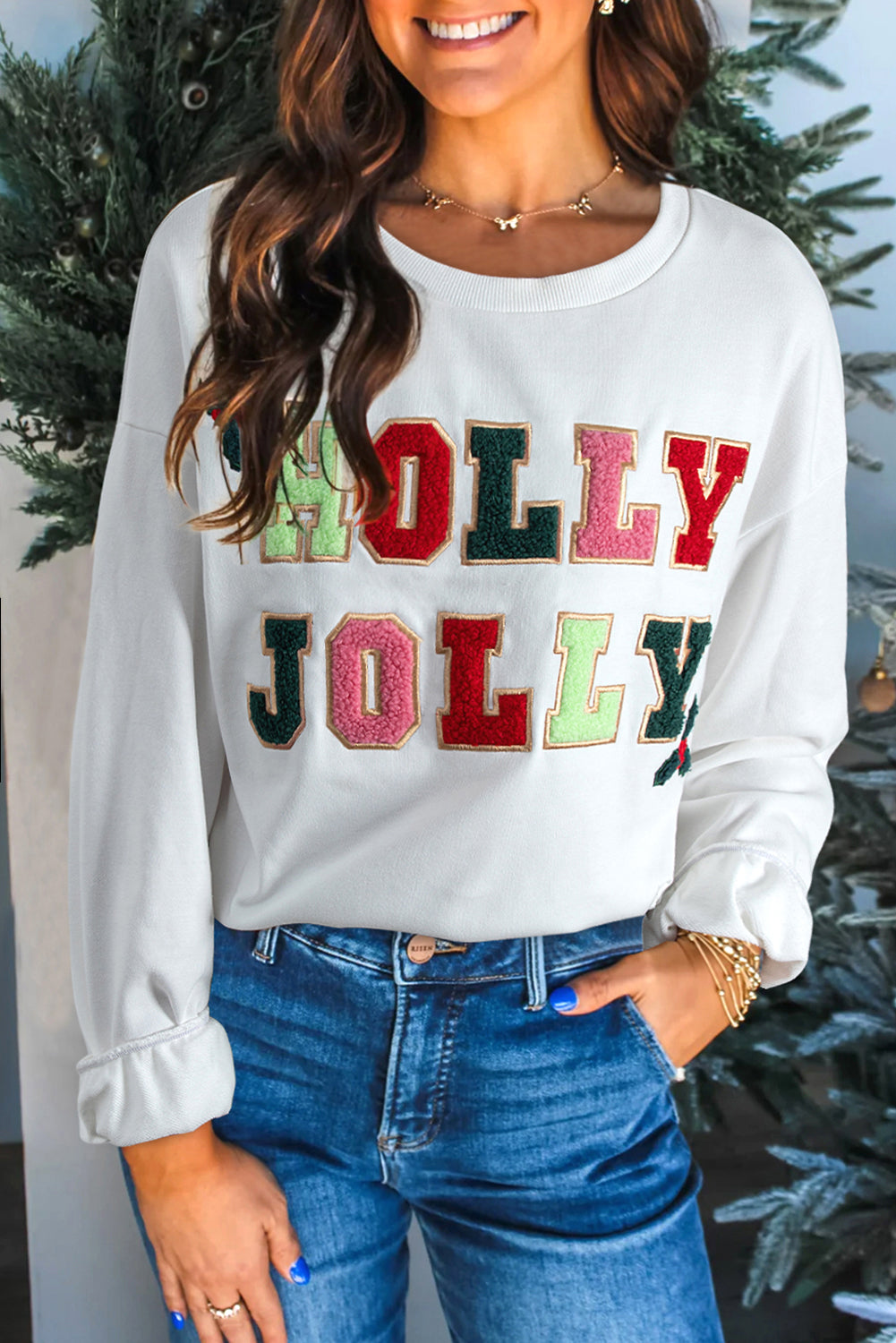 White Cream Collage Letter Christmas Pullover Sweatshirt
