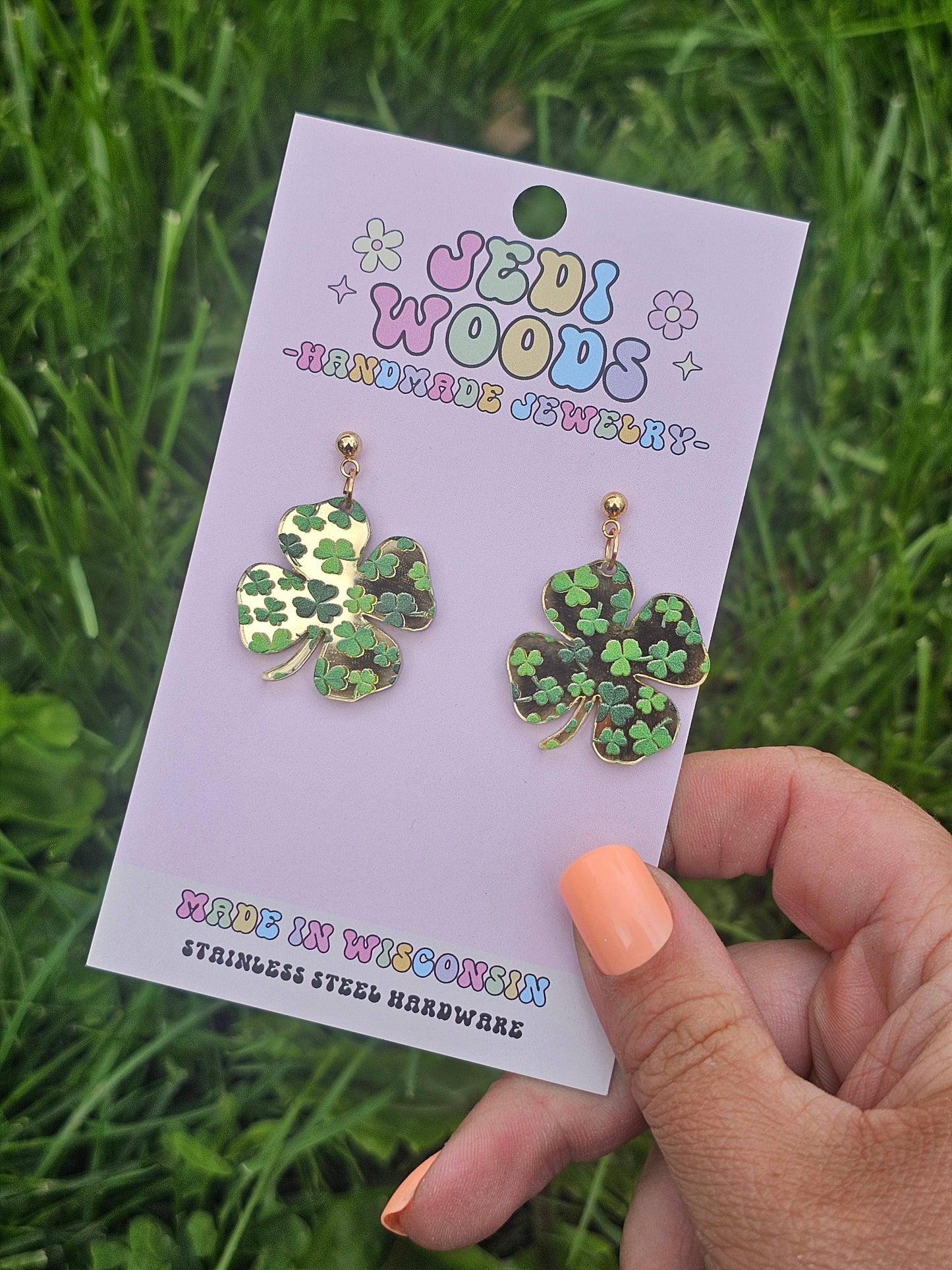 Gold Mirror Clover Earrings for St. Patricks Day