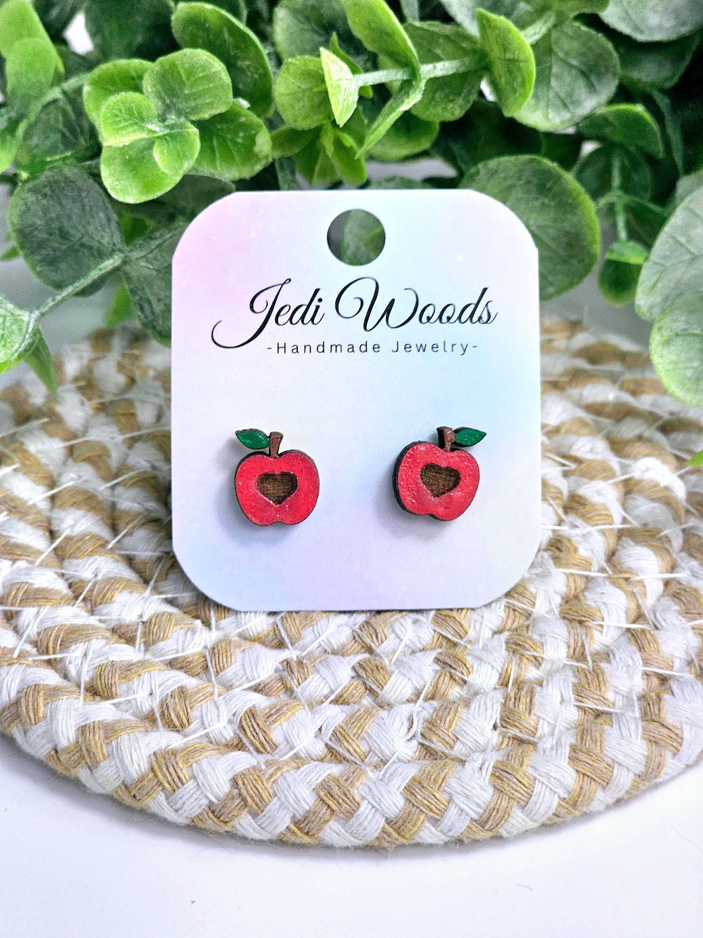 Wooden Apple Earrings, Handpainted, Stainless Steel Hardware