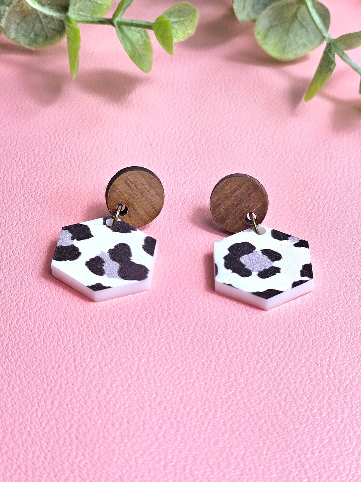 Black and White Cheetah Print Earring with Wood Stud Topper