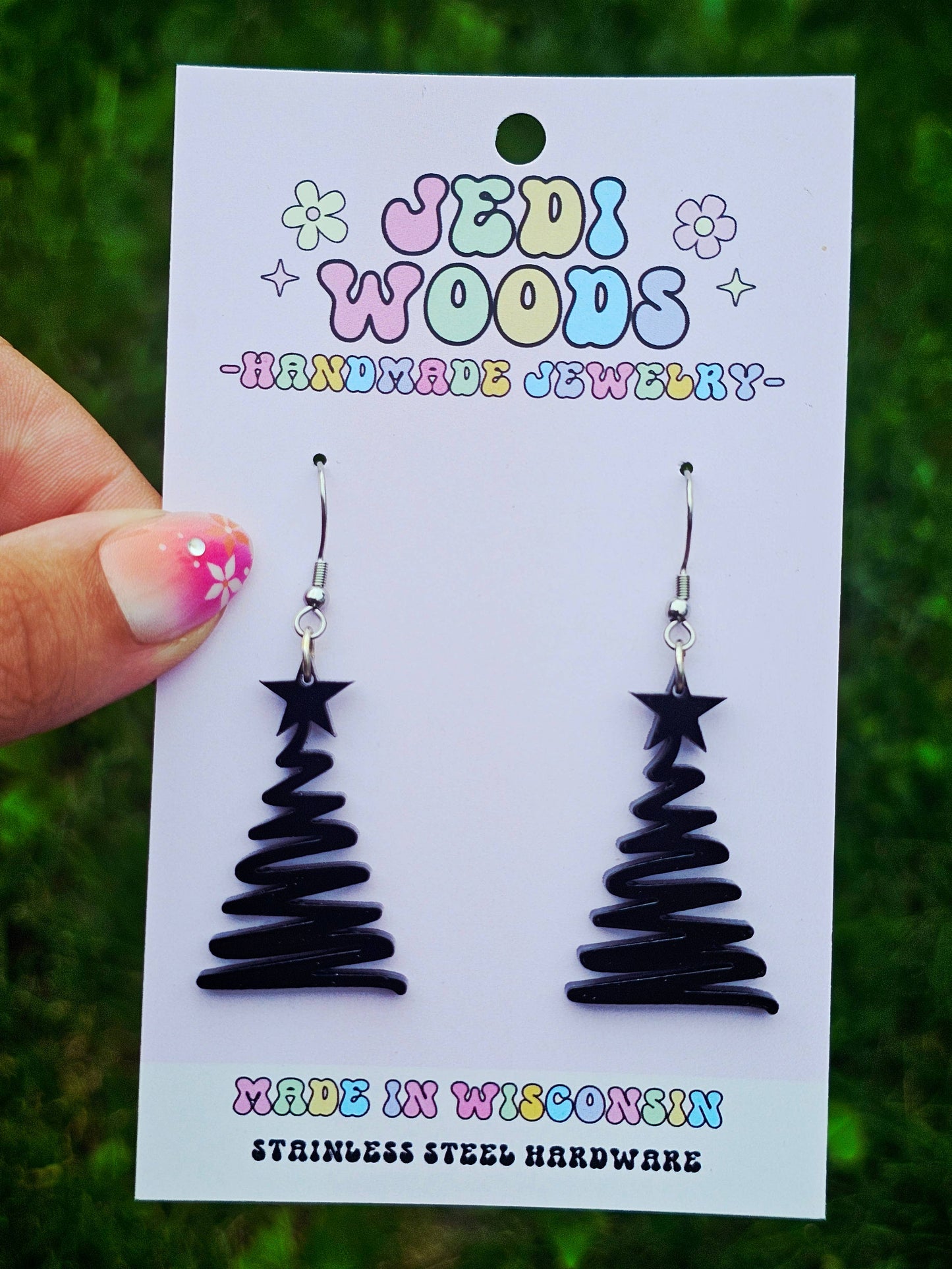 Gothic Black Squiggly Christmas Tree Earrings