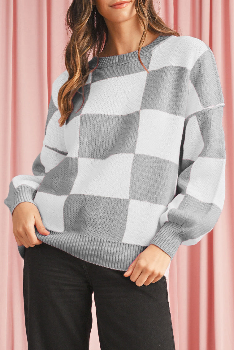 Green Checkered Bishop Sleeve Pullover Sweater