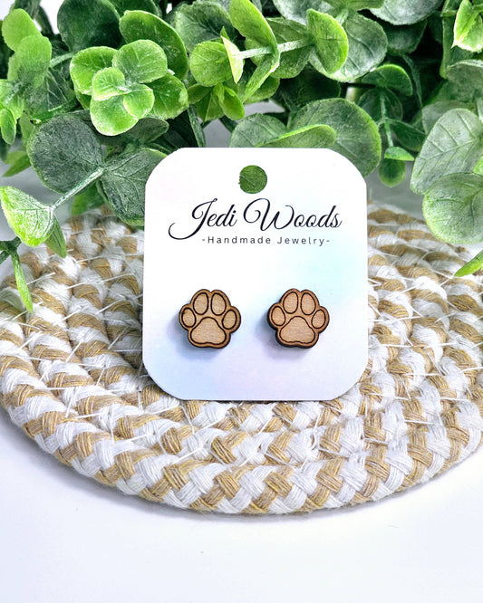 Wooden Paw Print Stud Earrings