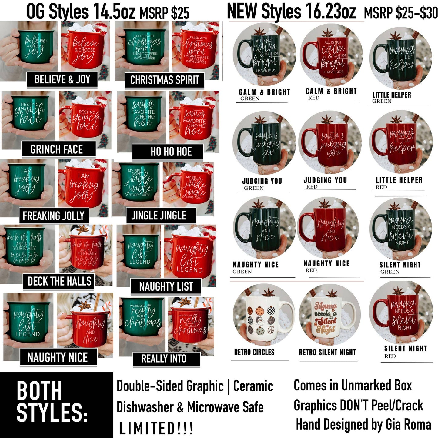 Christmas Mugs Funny, Red & Green Holiday Coffee Cup Ceramic