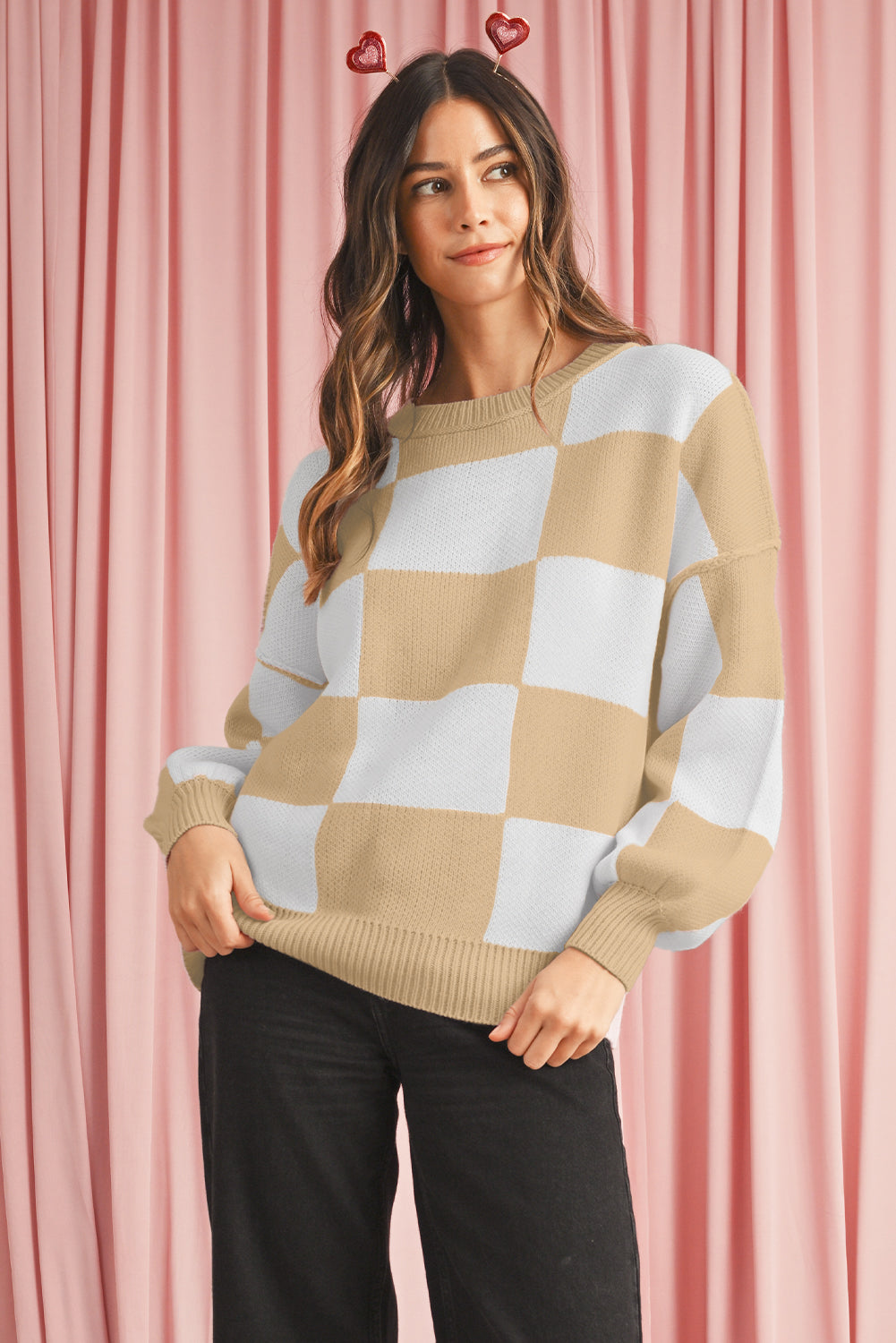 Green Checkered Bishop Sleeve Pullover Sweater