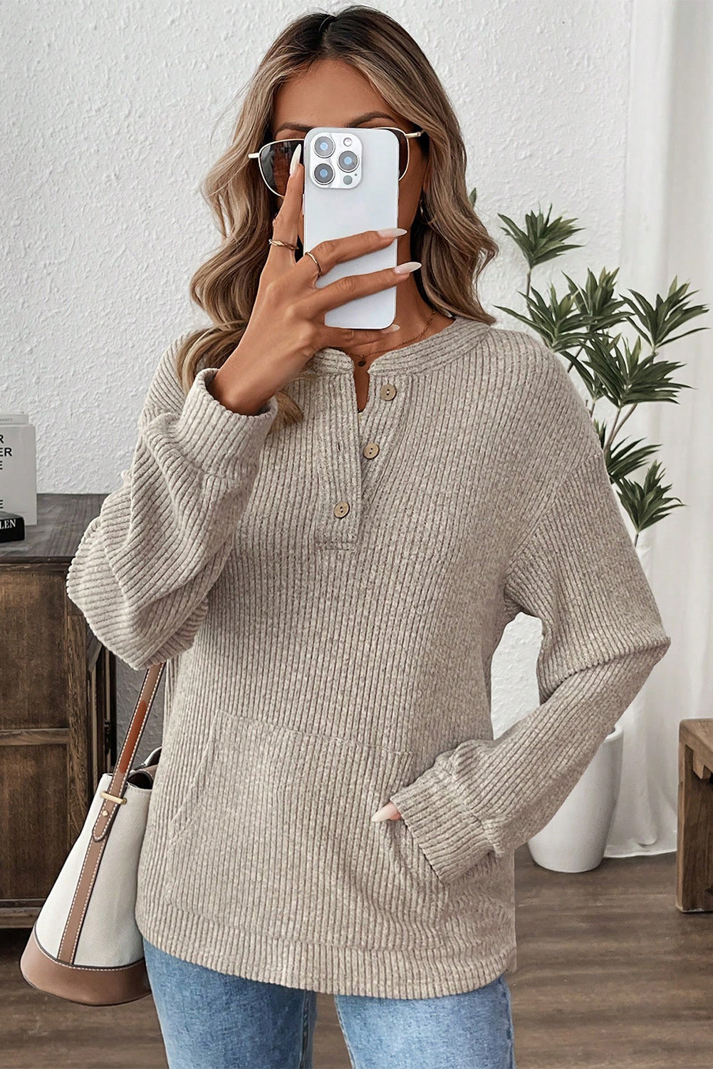 Simply Taupe Ribbed Texture Drop Shoulder Henley Knit Top