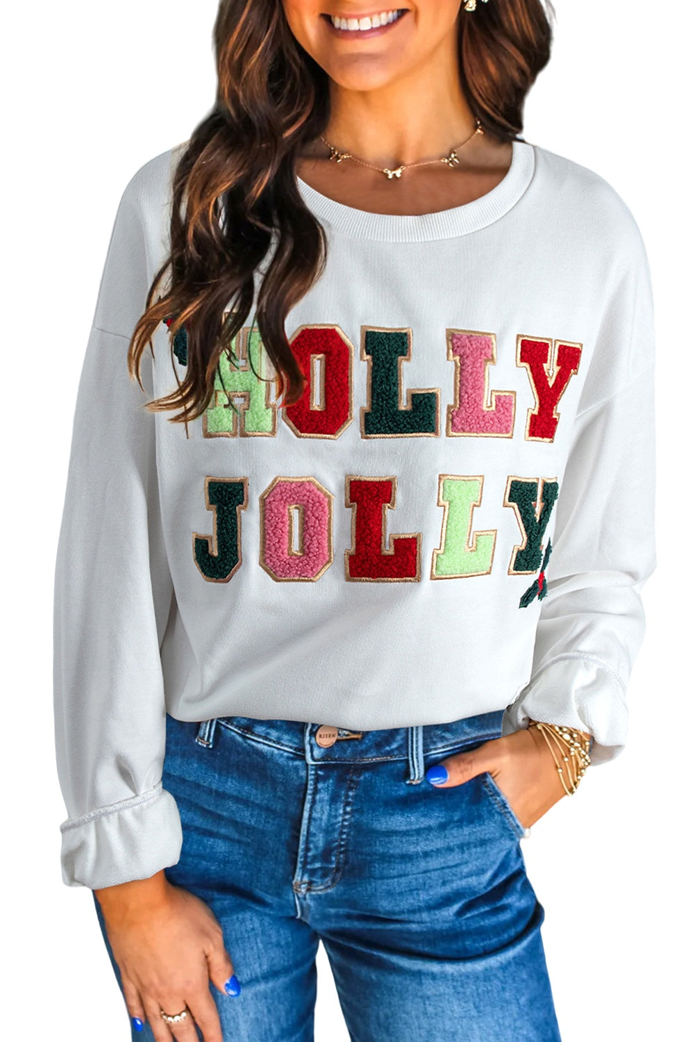 White Cream Collage Letter Christmas Pullover Sweatshirt