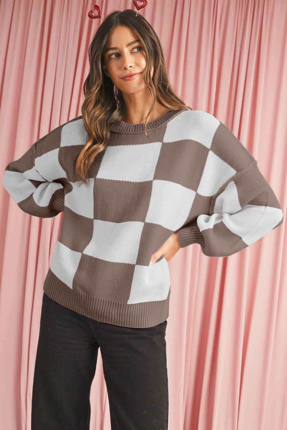 Green Checkered Bishop Sleeve Pullover Sweater