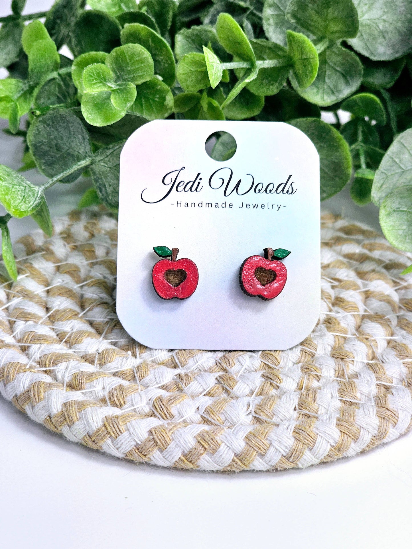 Wooden Apple Earrings, Handpainted, Stainless Steel Hardware